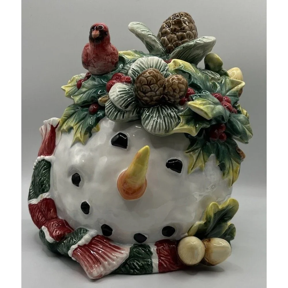 CHRISTOPHER RADKO ROUND SNOWMAN CARDINAL COOKIE JAR CHRISTMAS NEW 10 IN X 9IN